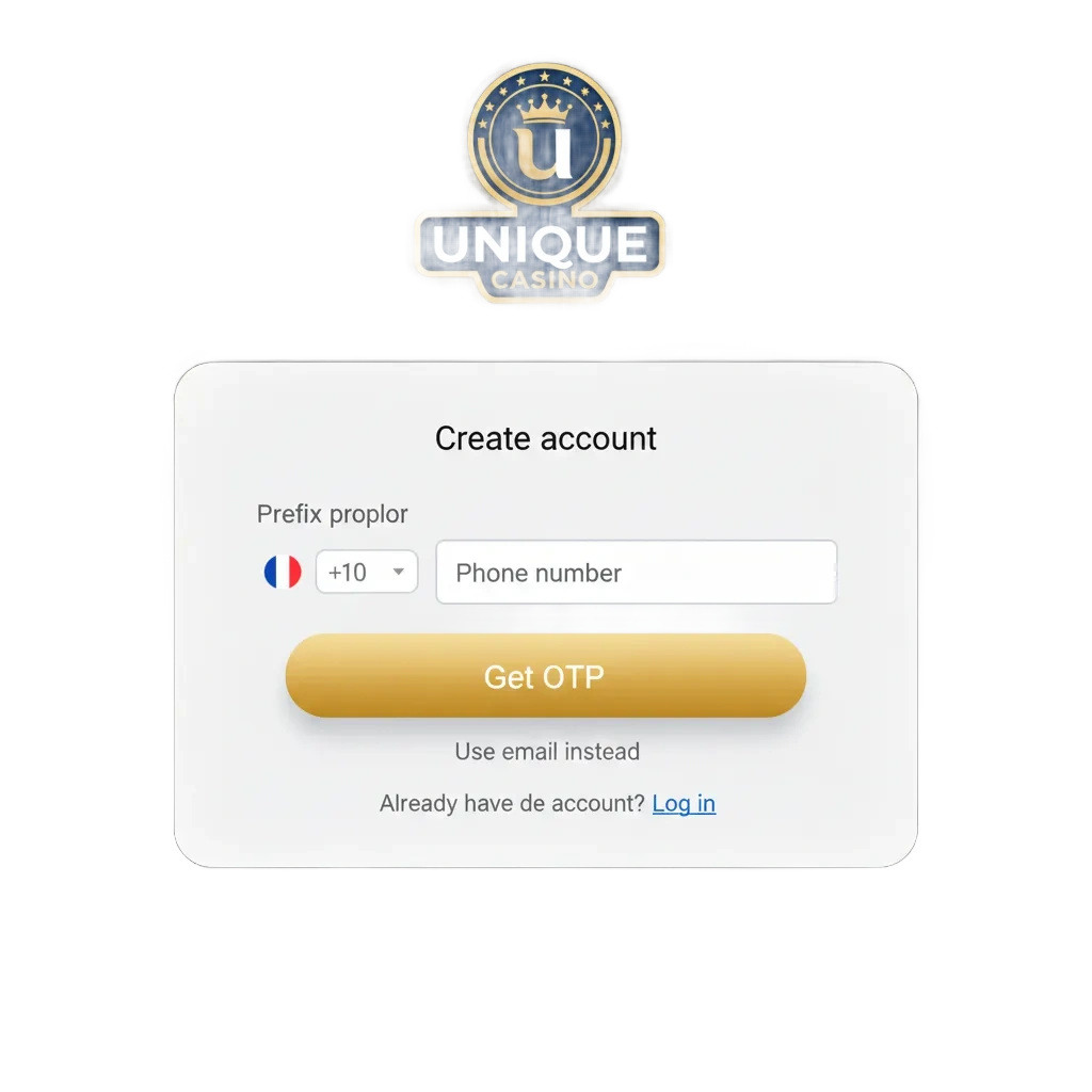 Page d’inscription et connexion d’Unique Casino France, avec KYC, support et bonus 200% jusqu’à 500 €