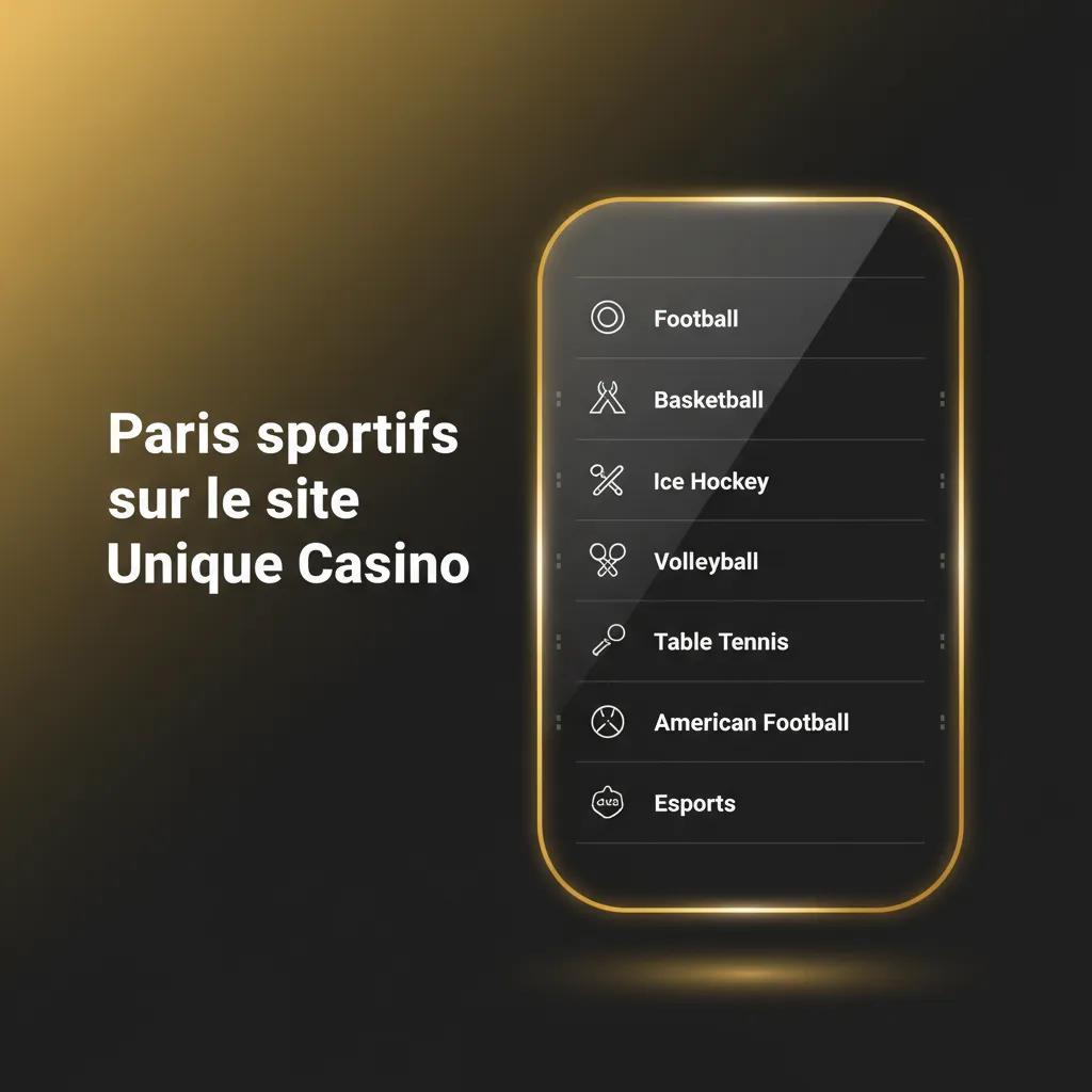 Interface de paris sportifs Unique Casino avec sports: football, tennis, rugby, basket, cyclisme, marchés prématch et live.